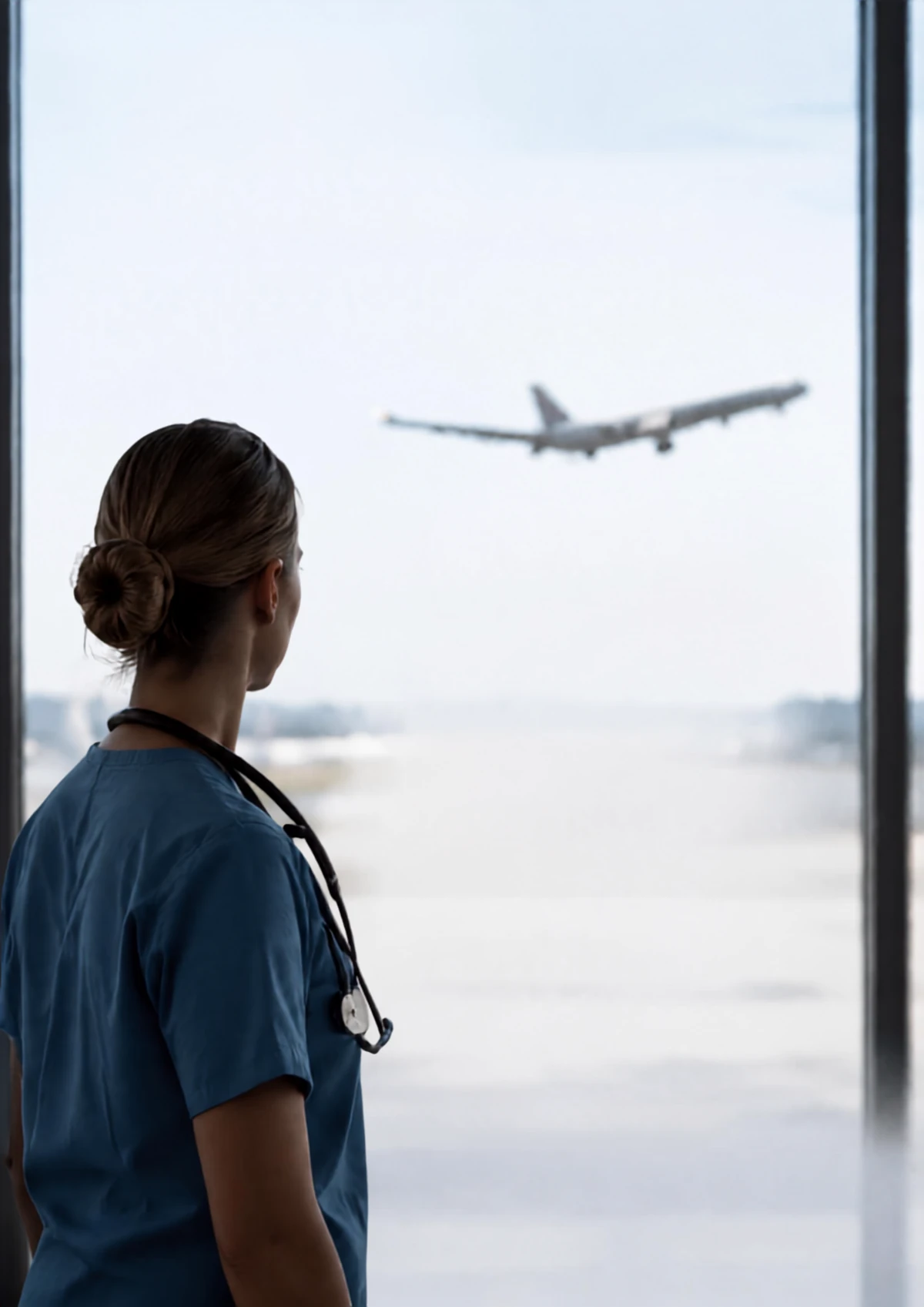 A healthcare provider watches an aircraft take off through a terminal window